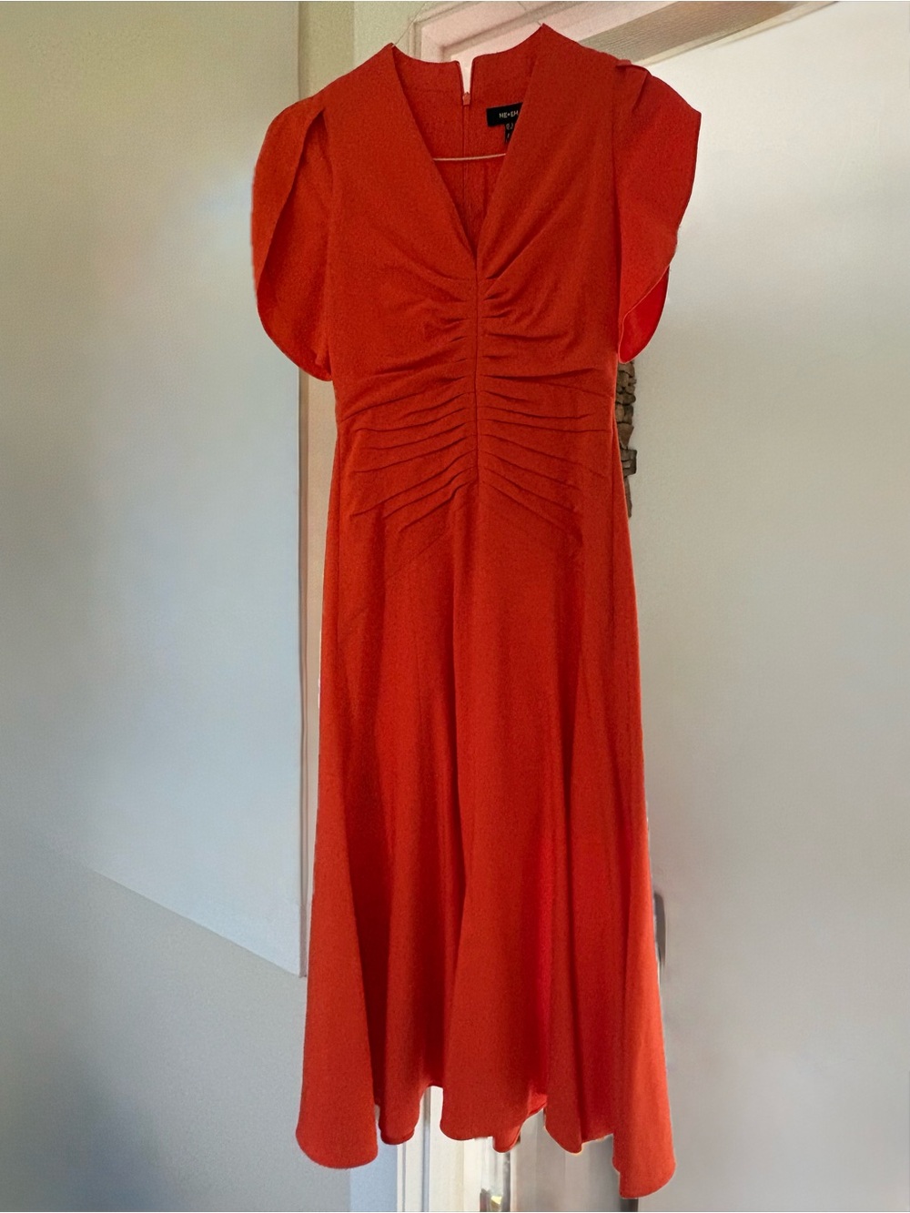 ME+EM Orange V-Neck Ruched Midi Dress